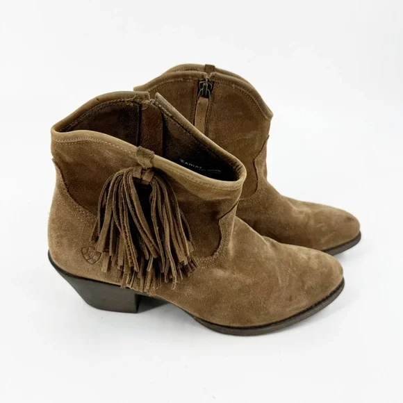 ✅ ARIAT BROWN Duchess LEATHER HEELED Western Boot SIZE 9.5 BRAIDED FRINGE - Picture 1 of 11